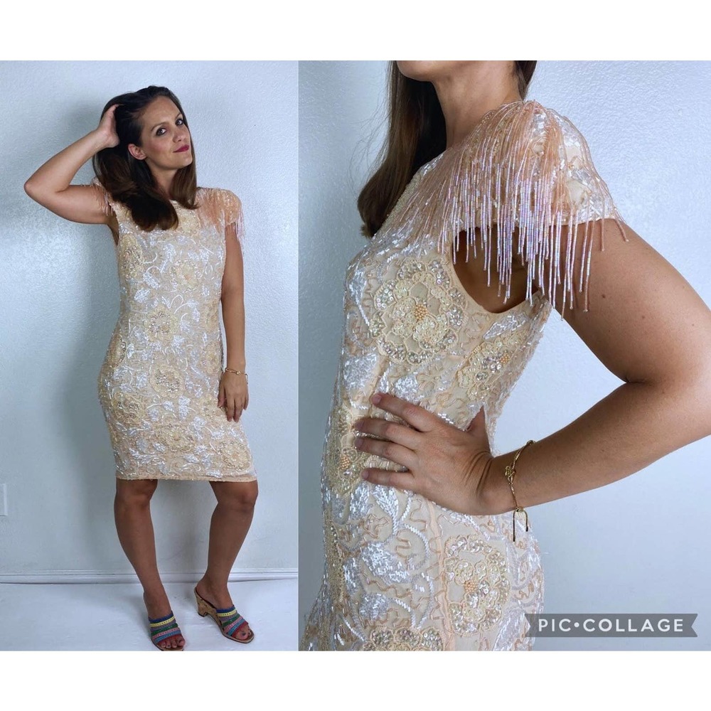 vintage 80s Peach Open Back BEADED FRINGE Party DRESS Large/14 trophy cocktail